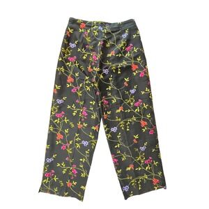 Vintage 90s Y2K Silk Floral Pants Size 8 Black Embroidered Fairy Cocktail Artsy